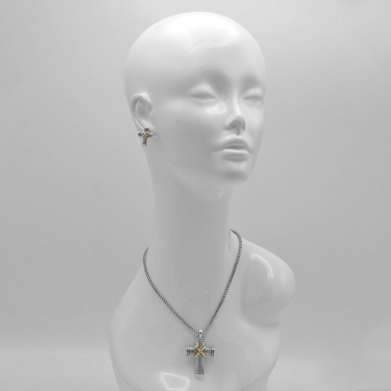 SILVER AND GOLD 2"CRYstal CROSS PENDANT NECKLACE