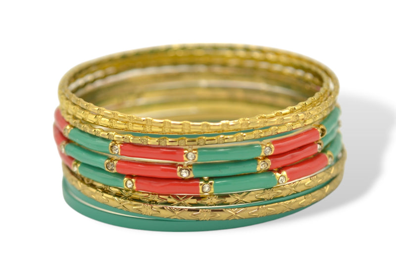 Multi-Color 11-Piece Bangle Set with Turquoise and Coral Accents