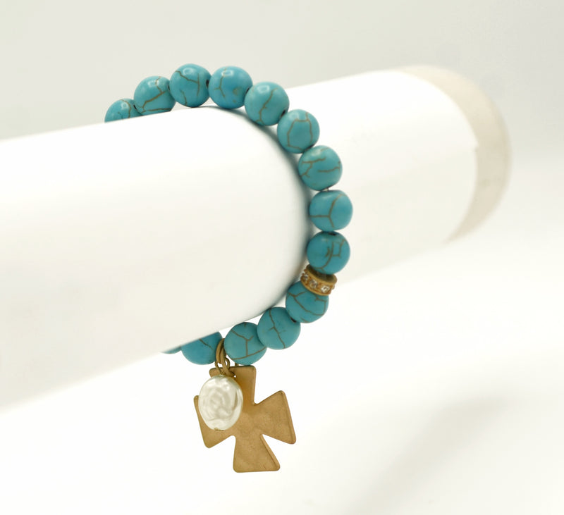 Gold Matte Cross pendant with Mother of Pearl charm Turquoise Beads Stretch Bracelet