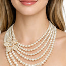 Gold Cream Pearl and Crystal Flower layer Necklace