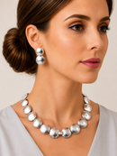 Silver Hammered Disc Statement Necklace & 1" Double Disc Drop Earring Set