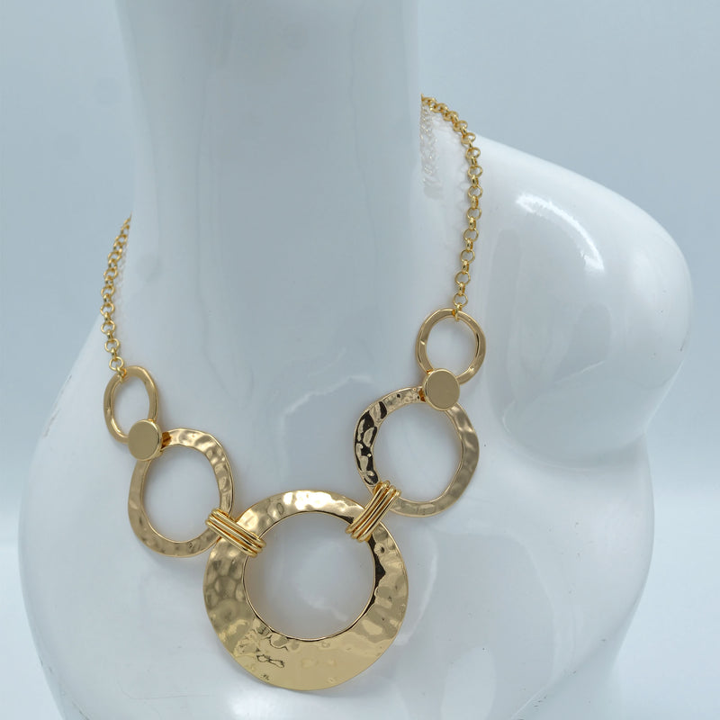 Gold Open Circle Hammered Link necklace And Earrings Set