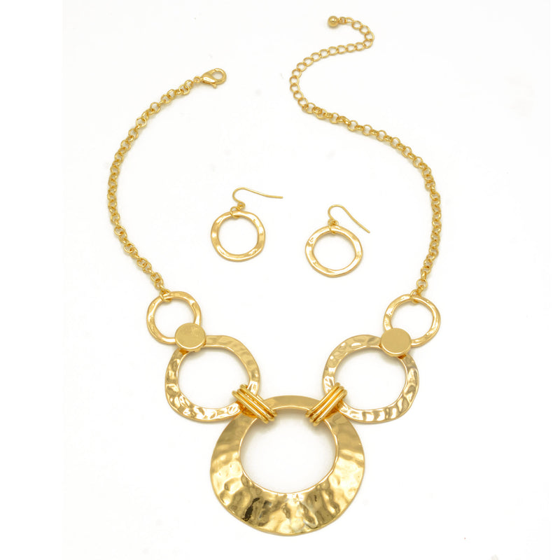 Gold Open Circle Hammered Link necklace And Earrings Set