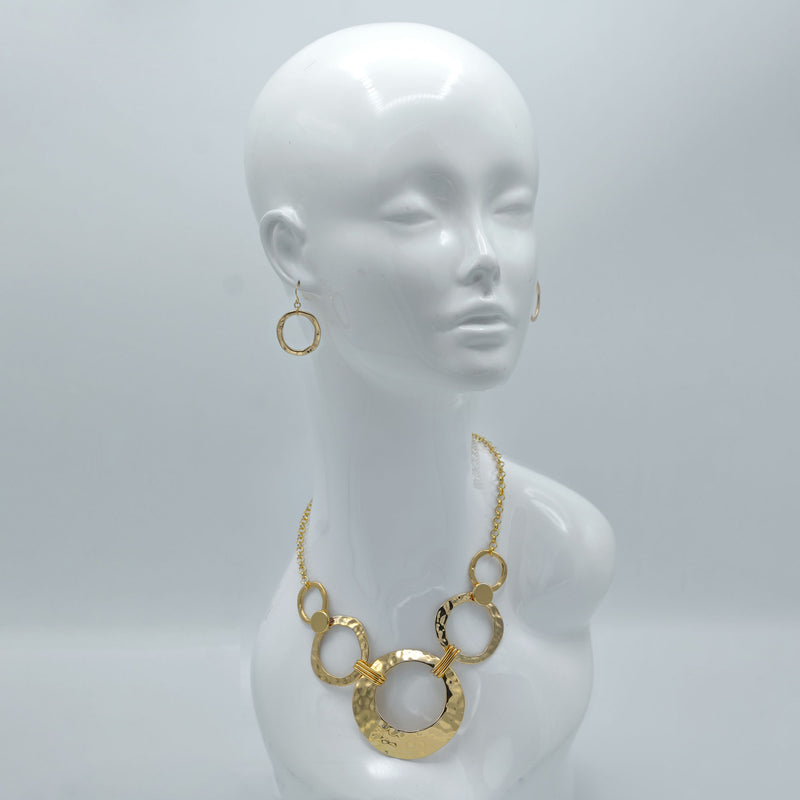 Gold Open Circle Hammered Link necklace And Earrings Set