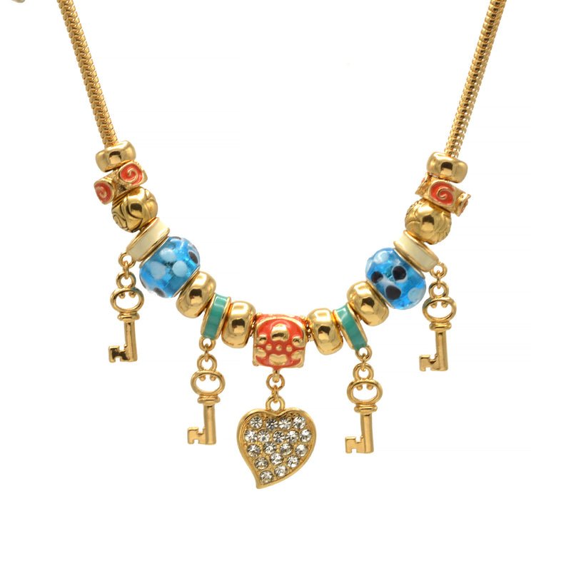 Gold Multi Color Beads Heart And Key Crystal Charm  Bracelet