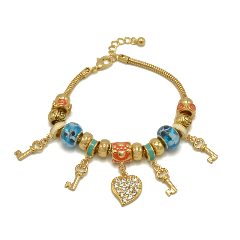 Gold Multi Color Beads Heart And Key Crystal Charm  Bracelet