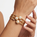 Gold Pearl Crystal Open Cuff Bracelet – Elegant Statement Costume Jewelry 2.5"