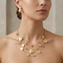 Gold 3 row Gold wire with round disc necklace and earring set