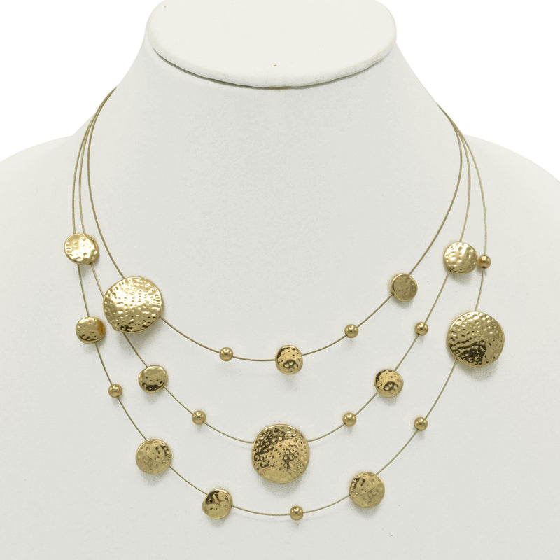 Gold 3 row Gold wire with round disc necklace and earring set