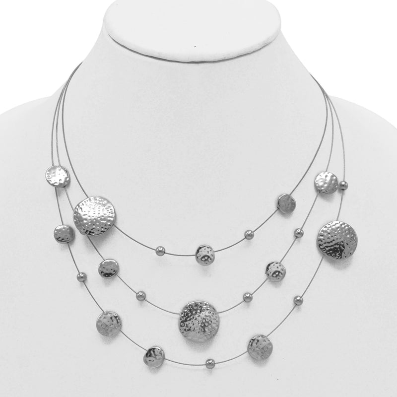 Silver 3 row Rhodium wire with hammered round disc necklace and earrings set