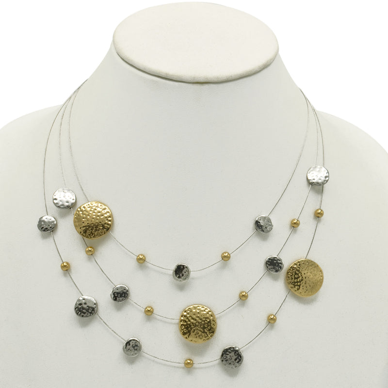 Gold and Silver Tone 3 row wire with round disc necklace and earring set