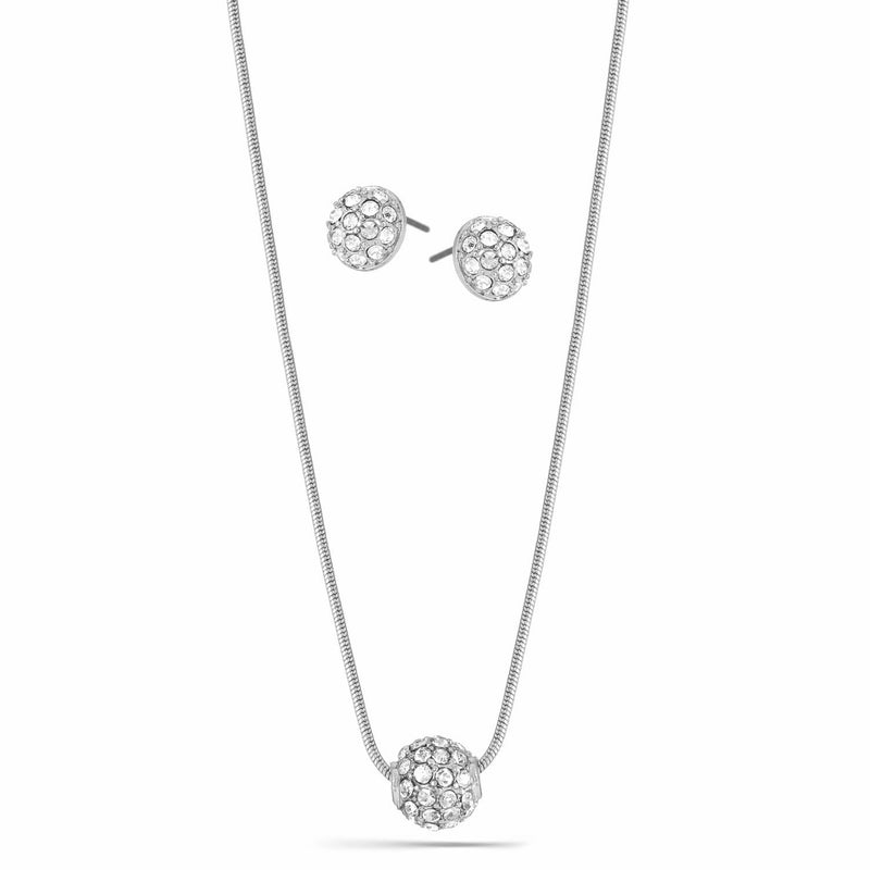 SILVER Pave Crystal Ball Pendant Necklace And Earrings Set