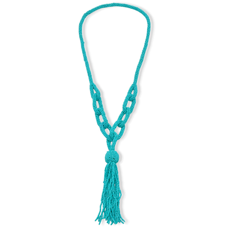 Turquoise Seed Bead Long Tassel Necklace