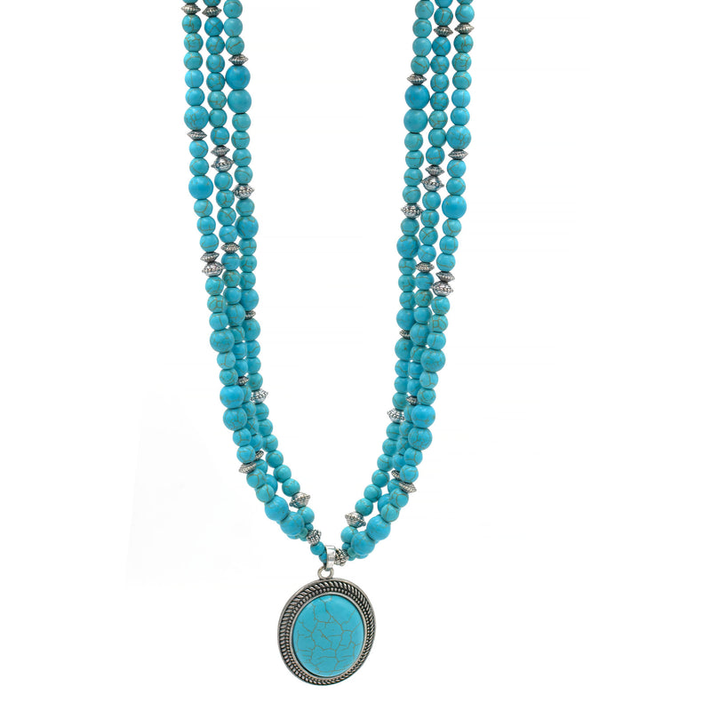 Antique Look Silver-Tone Multi-Strand Turquoise Beads And Oval Pendant Necklace