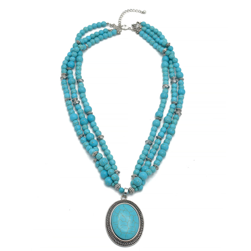 Antique Look Silver-Tone Multi-Strand Turquoise Beads And Oval Pendant Necklace