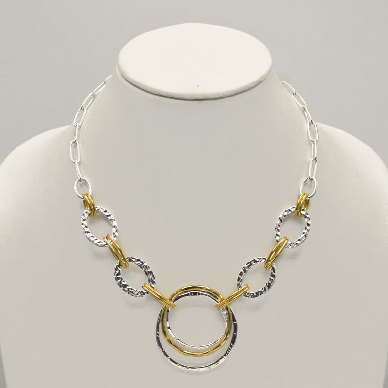 Two-Tone Gold And Silver Hammered Linked chain Necklace and Earrings Set