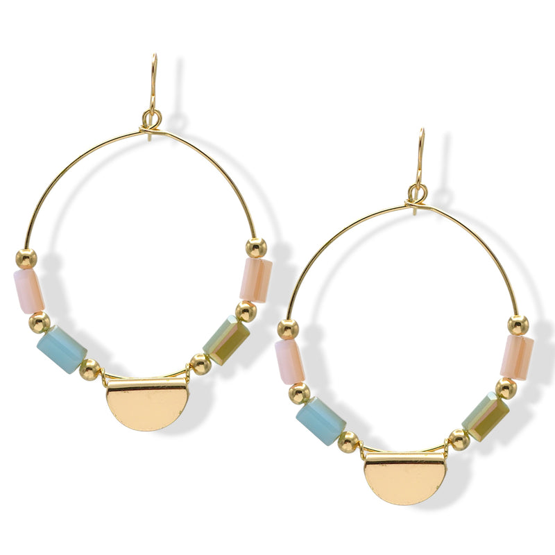 Gold Hoop Earrings with Pastel Beads and Half-Moon Charm2.5"