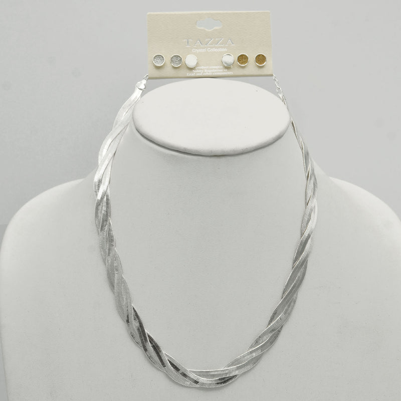 SILVER  3 ROW SNAKE CHAIN NECKLACE AND SET OF THREE 6MM SILVER AND GOLD DRUZY EARRINGS SET