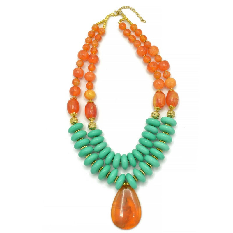 GOLD TURQUOISE AND ORANGE BEADS TEARDROP PENDANT NECKLACE