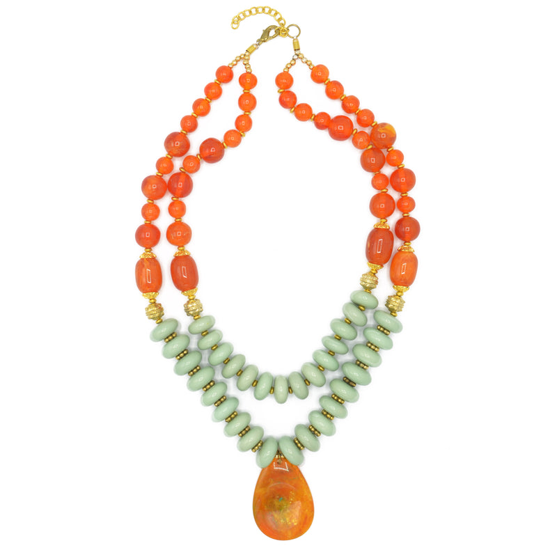 GOLD TURQUOISE AND ORANGE BEADS TEARDROP PENDANT NECKLACE