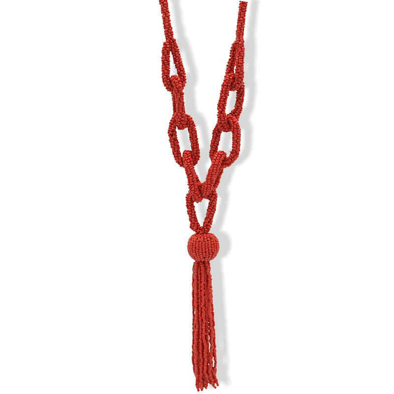 Red seed bead long tassel necklace