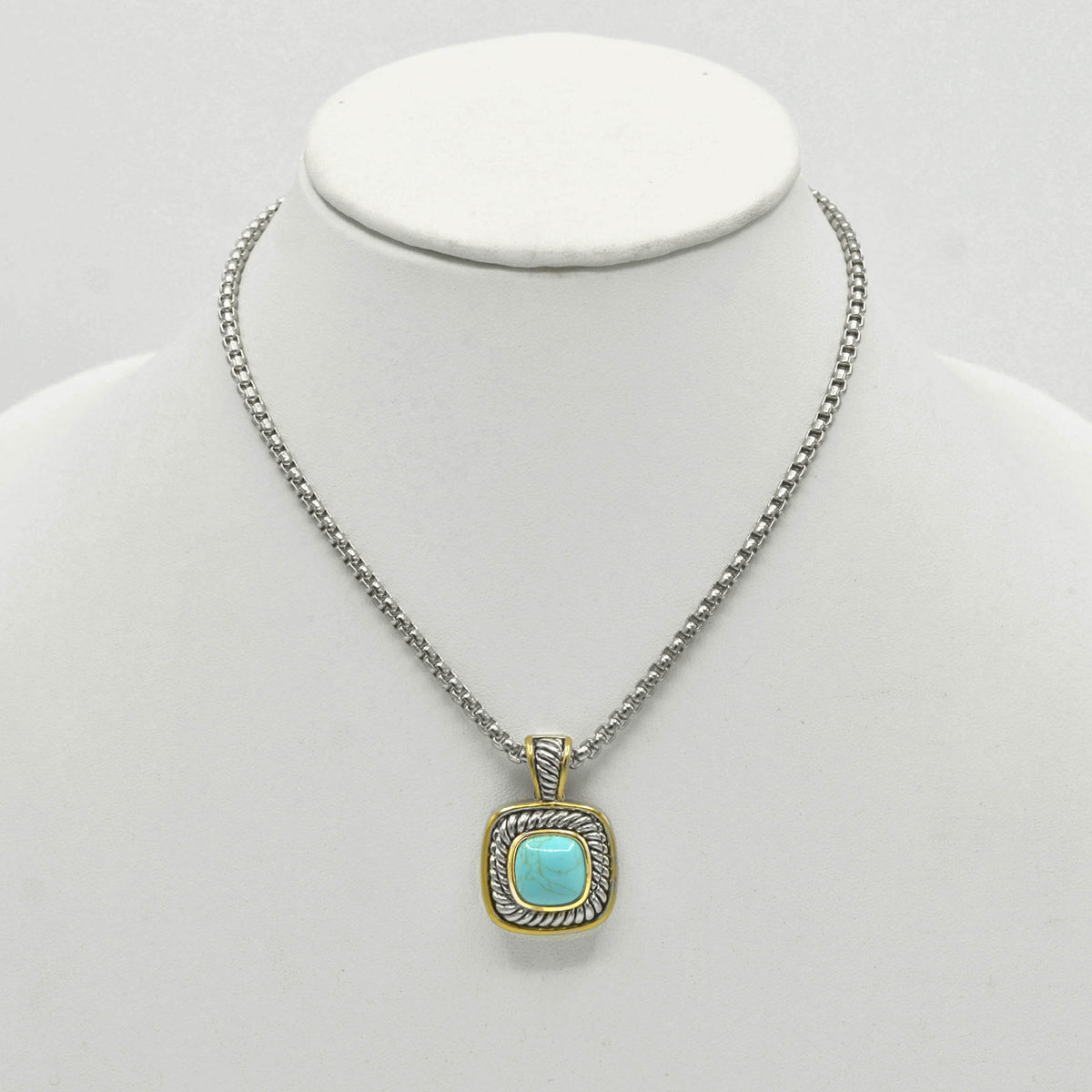 Two-Tone Turquoise Square Pendant Box Chain Necklace