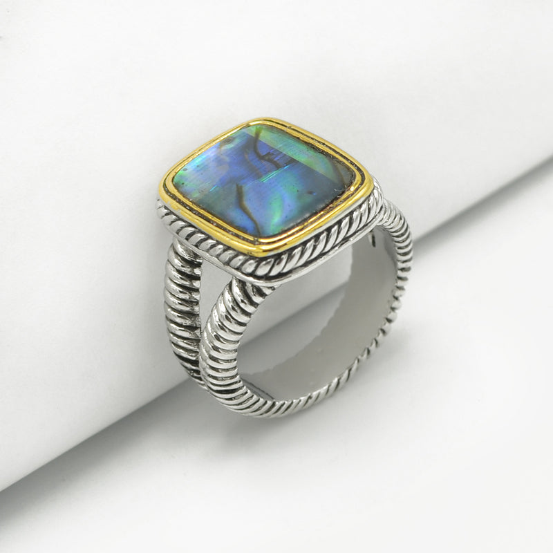 TWO-TONE ABALONE AND CRYSTAL RING