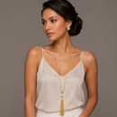 Gold crystal and Cream Pearl long Tassel Necklace