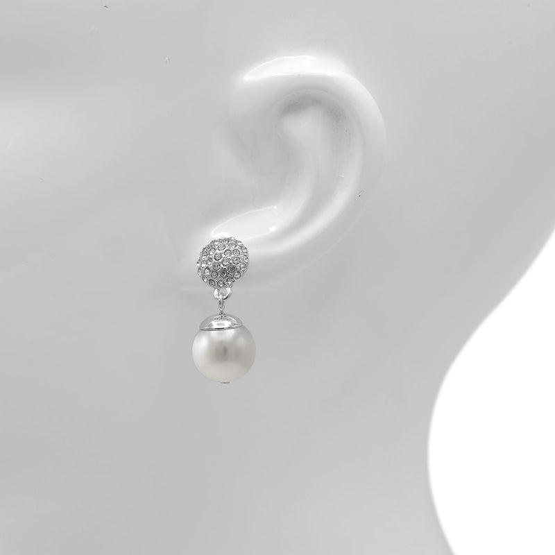 Silver And White Pearl Crystal Post Earrings