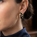 Tazza Women's Gold-Tone Black Enamel & Rhinestone Huggie Hoop Earrings | Vintage Geometric Half-Hoop Statement Earrings | Fashion Costume Jewelry