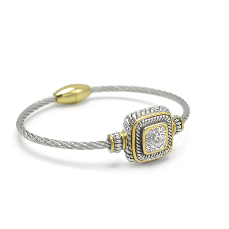 Two Tone Pave Crystal Engraved Classic Cable Bracelet