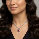TWO TONE RED SIAM CRYSTAL SQUARE PENDANT BOX CHAIN NECKLACE