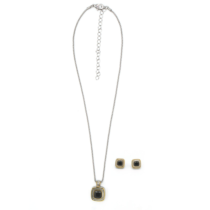 Two-Tone Black Crystal Square Cable Pendant Necklace And Earrings Set for Women