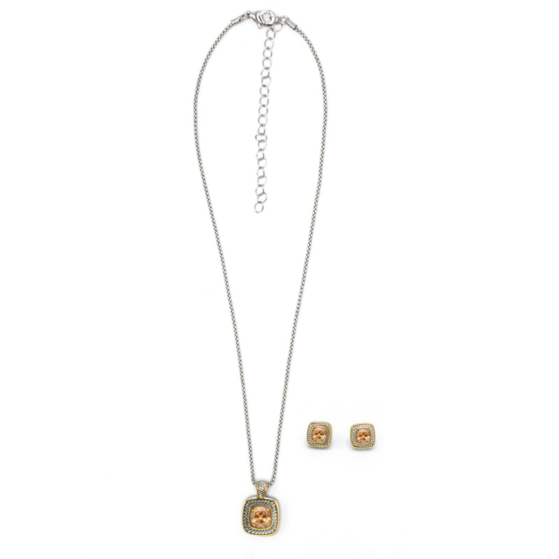 TWO TONE CHAMPAGNE CRYSTAL SQUARE PENDANT NECKLACE AND EARRINGS SET