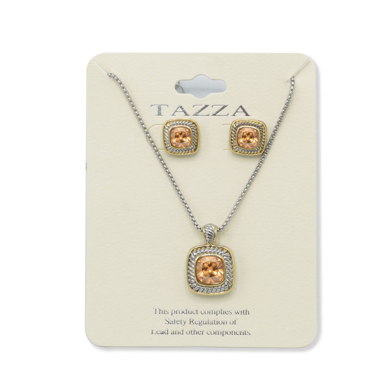 TWO TONE CHAMPAGNE CRYSTAL SQUARE PENDANT NECKLACE AND EARRINGS SET