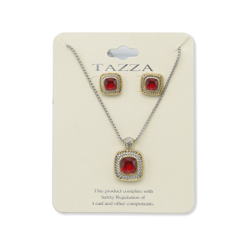TAZZA Two-Tone Red Crystal Square Cable Pendant Necklace And Earrings Set for Women