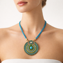 Gold Round Turquoise Pendant with Turquoise Rope Chain Necklace
