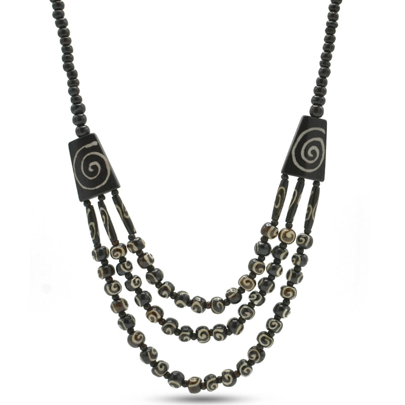 BLACK AND WOOD THREE LAYERED RESIN BEADS GOLD NECKLACE