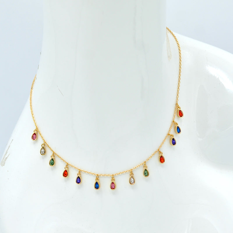 Gold Multi-Color Teardrop Charm Necklace – 16" Adjustable Chain