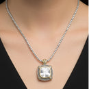 TWO TONE CLEAR CRYSTAL SQUARE PENDANT BOX CHAIN NECKLACE