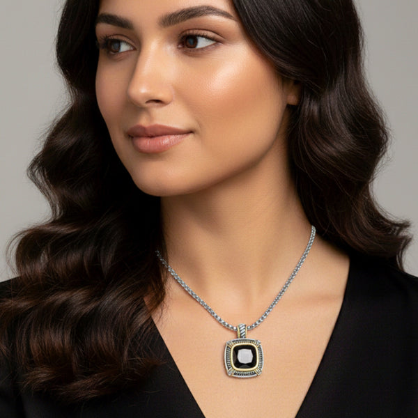 TWO TONE BLACK CRYSTAL SQUARE PENDANT BOX CHAIN NECKLACE #93012EH-JET(
