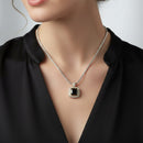 TWO TONE SQUARE BLACK CRYSTAL AND RHINESTONES ENGRAVED PENDANT BOX CHAIN NECKLACE