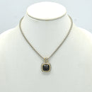 TWO TONE SQUARE BLACK CRYSTAL AND RHINESTONES ENGRAVED PENDANT BOX CHAIN NECKLACE