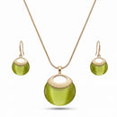 Women's Gold-Tone Olive Green Faux Cat’s Eye Pendant Necklace & Earring Set | Modern Round Drop Jewelry Set