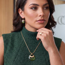 Women's Gold-Tone Olive Green Faux Cat’s Eye Pendant Necklace & Earring Set | Modern Round Drop Jewelry Set