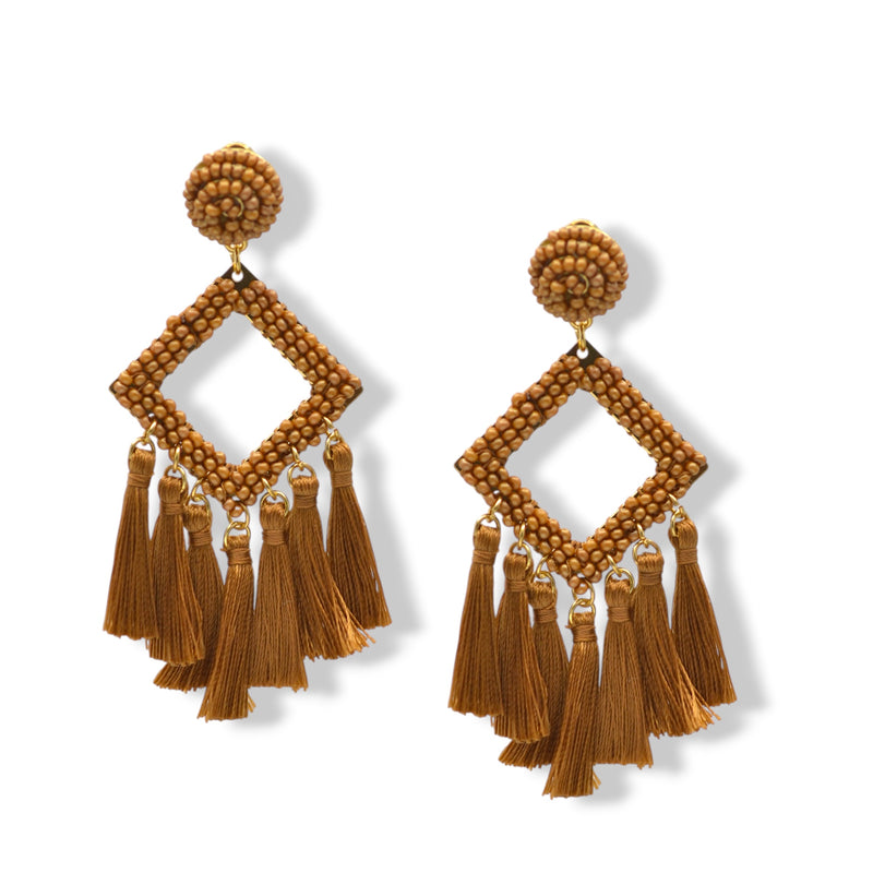 Brown Beaded Diamond Tassel Earrings– 3"ADX0222674(BOHO)