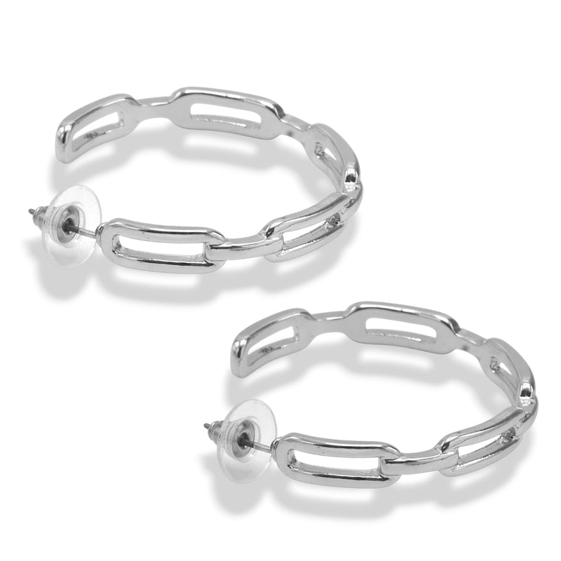 Modern Silver Chain Link Hoop Earrings 1.5"