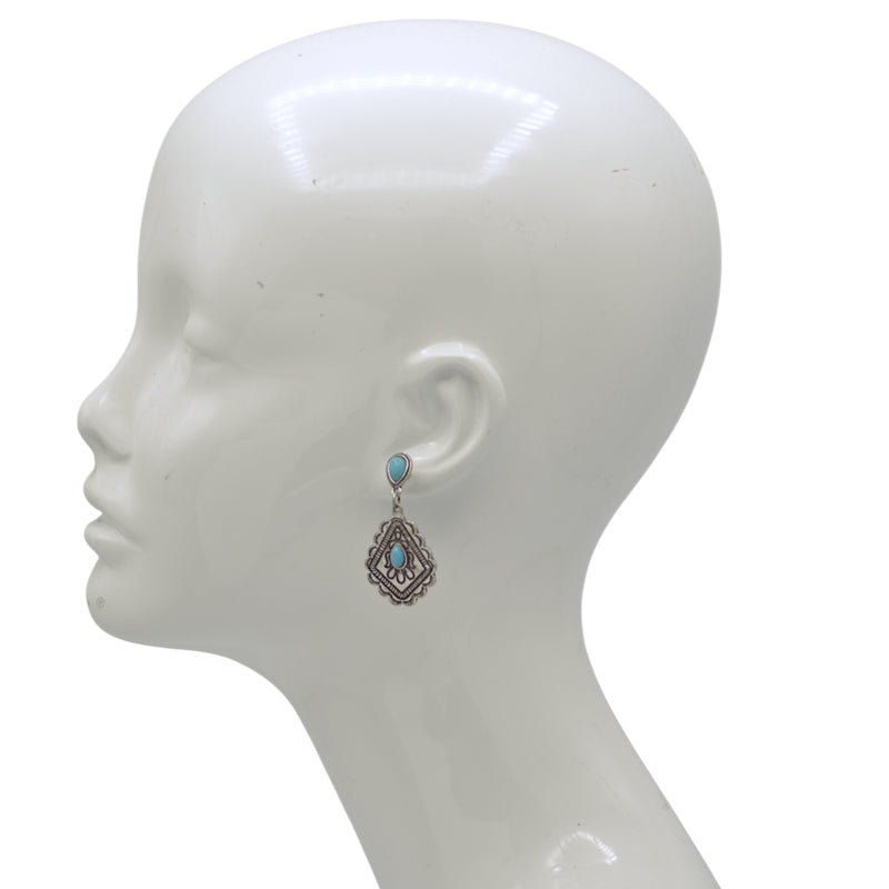 Boho Turquoise & Silver Drop Earrings 1.7"