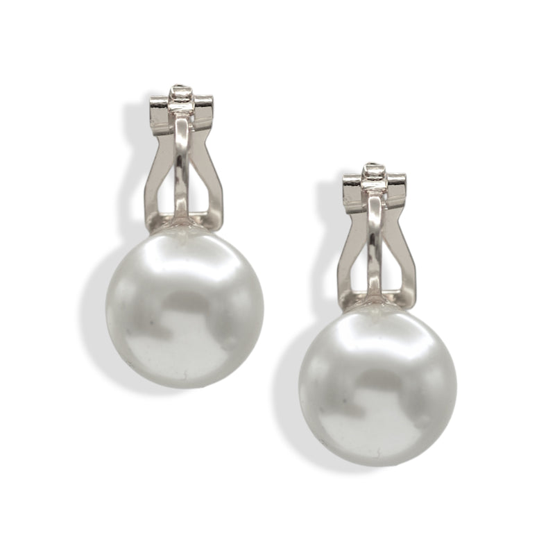 Timeless Silver Pearl & Rhodium Clip-On Earrings 0.8"