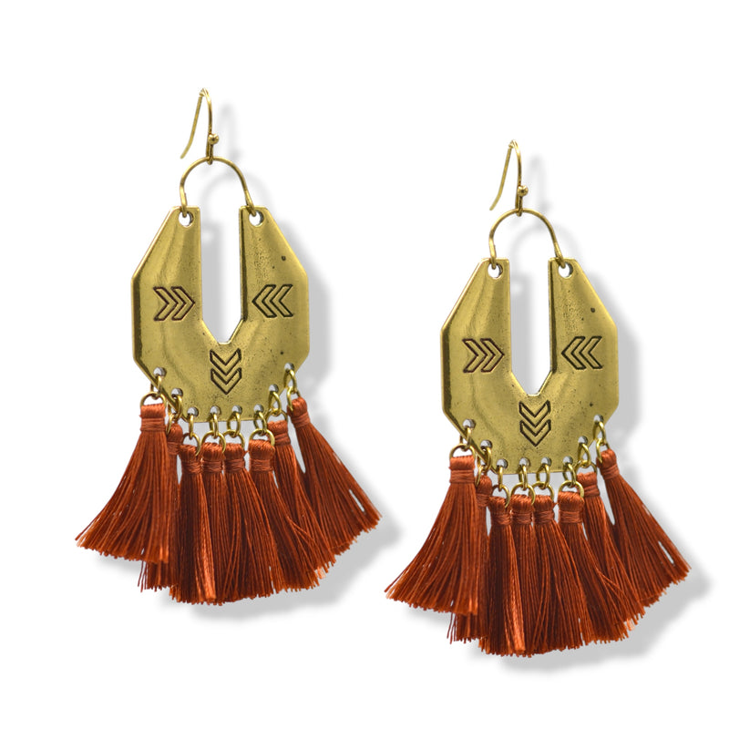 ✨ Gold Chevron & burnt umber Tassel Earrings – 3"ADX0222677(BOHO)